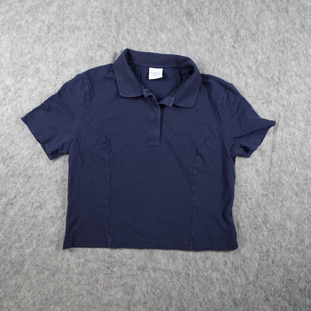 Outdoor Voices Top Women‎ Medium Navy Blue Short Sleeve Snap Pique Polo Cropped